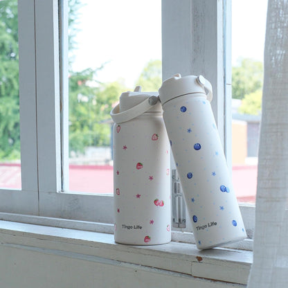 25oz Insulated Stainless Steel Aesthetic Cute Water Bottle - 2 Lids Included (Straw + Sport Handle), Leakproof BPA-Free, Dreamy Cream Cute Floral Design, Perfect Gym/Yoga/Office Companion
