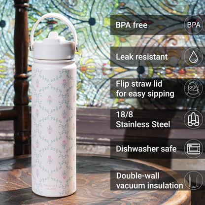 25oz Insulated Stainless Steel Aesthetic Cute Water Bottle - 2 Lids Included (Straw + Sport Handle), Leakproof BPA-Free, Dreamy Cream Cute Floral Design, Perfect Gym/Yoga/Office Companion