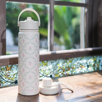 25oz Insulated Stainless Steel Aesthetic Cute Water Bottle - 2 Lids Included (Straw + Sport Handle), Leakproof BPA-Free, Dreamy Cream Cute Floral Design, Perfect Gym/Yoga/Office Companion