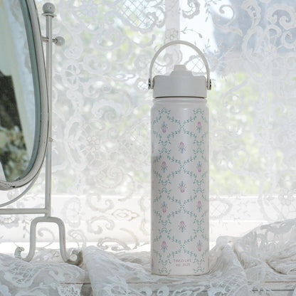 25oz Insulated Stainless Steel Aesthetic Cute Water Bottle - 2 Lids Included (Straw + Sport Handle), Leakproof BPA-Free, Dreamy Cream Cute Floral Design, Perfect Gym/Yoga/Office Companion