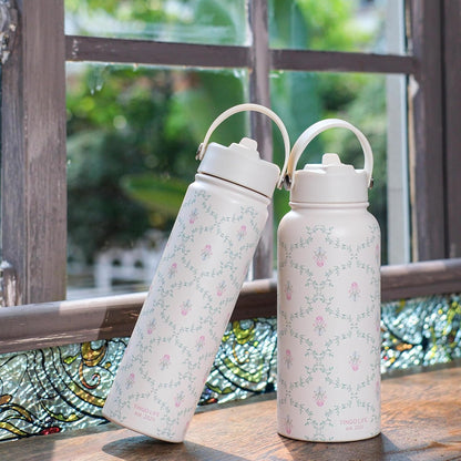 25oz Insulated Stainless Steel Aesthetic Cute Water Bottle - 2 Lids Included (Straw + Sport Handle), Leakproof BPA-Free, Dreamy Cream Cute Floral Design, Perfect Gym/Yoga/Office Companion