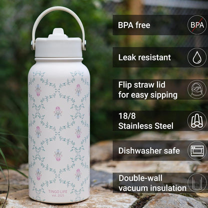 25oz Insulated Stainless Steel Aesthetic Cute Water Bottle - 2 Lids Included (Straw + Sport Handle), Leakproof BPA-Free, Dreamy Cream Cute Floral Design, Perfect Gym/Yoga/Office Companion