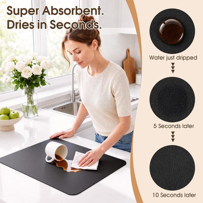 Coffee Mat Super Absorbent Dish Drying Mat Coffee Bar Mat 12"x 19", Black