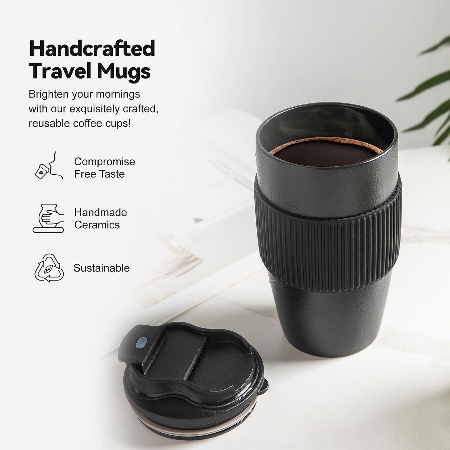 16oz Large Heavyweight Ceramic Travel Mug, Leakproof (Black) | 16oz Large Travel, Heavyweight Ceramic, Leakproof PP Lid, Silicone Sleeve, Microwave & Dishwasher Safe, Gift Ready