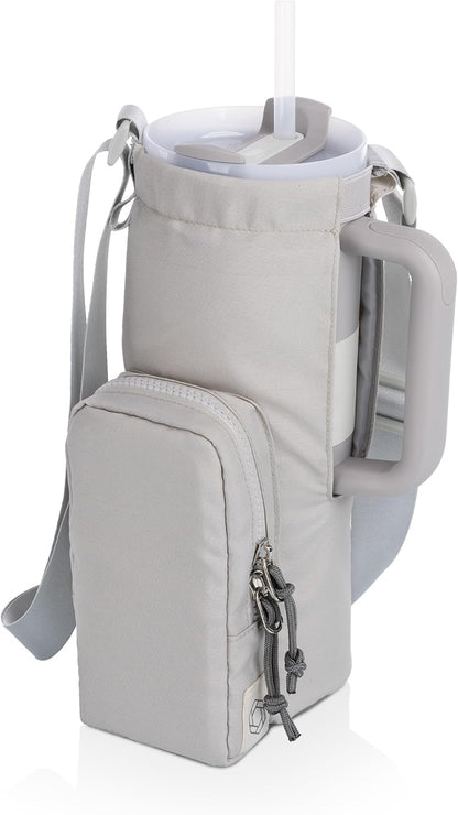PICNIC TIME Disney Lilo & Stitch 40 oz Tumbler Tote, Insulated Crossbody Tumbler Bag with Strap and Phone Pocket, Fits Most Tumblers, Made from Recycled Materials, (White Blue Leaf Design)
