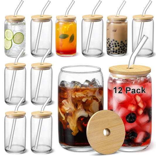 [ 12pcs Set ] Glass Cups with Bamboo Lids and Glass Straw - Beer Shaped Drinking Glasses, 16 oz Iced Coffee Glasses, Cute Tumbler Cup for Smoothie, Boba Tea, Whiskey, Water - 4 Cleaning Brushes