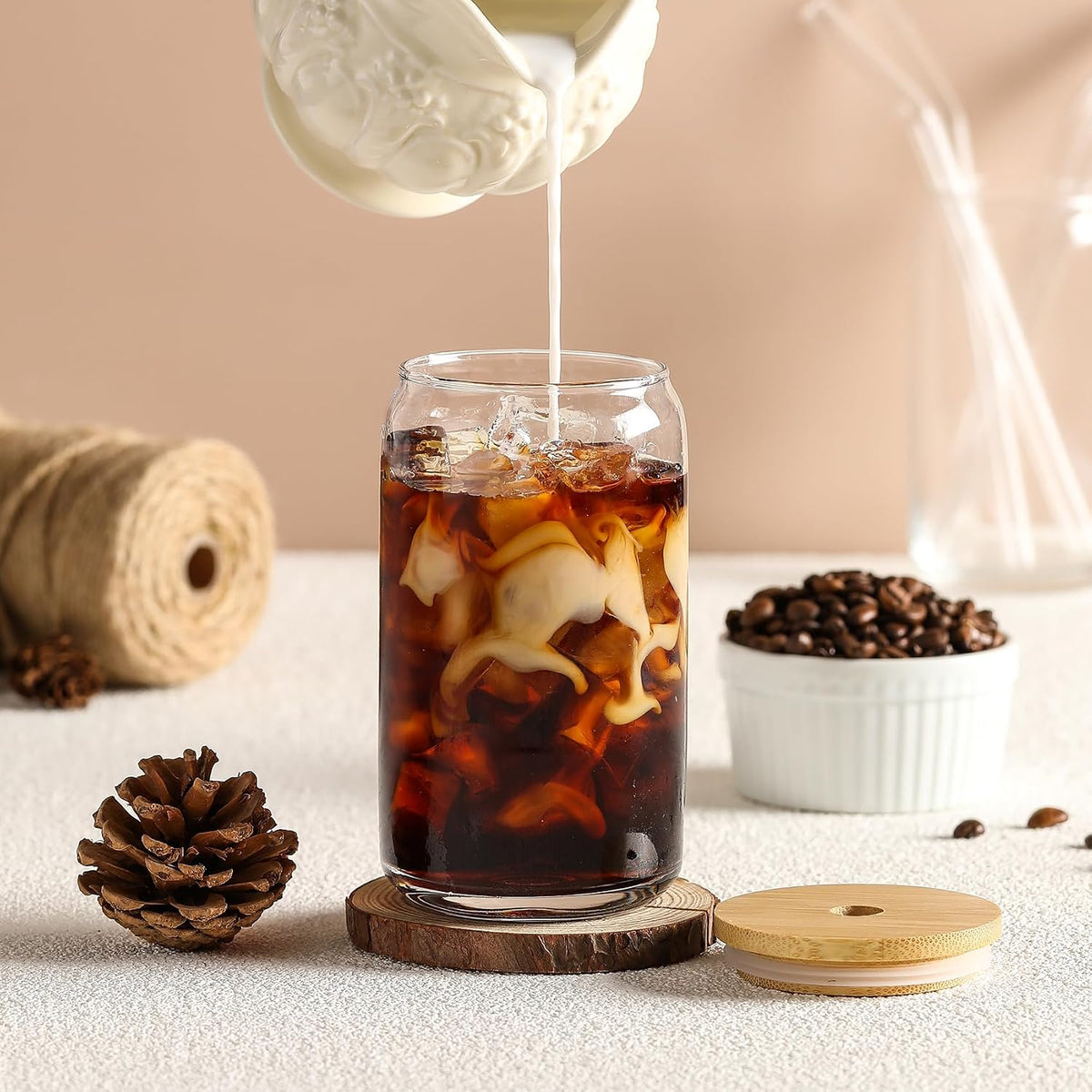 [ 12pcs Set ] Glass Cups with Bamboo Lids and Glass Straw - Beer Shaped Drinking Glasses, 16 oz Iced Coffee Glasses, Cute Tumbler Cup for Smoothie, Boba Tea, Whiskey, Water - 4 Cleaning Brushes