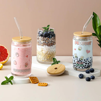 [ 12pcs Set ] Glass Cups with Bamboo Lids and Glass Straw - Beer Shaped Drinking Glasses, 16 oz Iced Coffee Glasses, Cute Tumbler Cup for Smoothie, Boba Tea, Whiskey, Water - 4 Cleaning Brushes