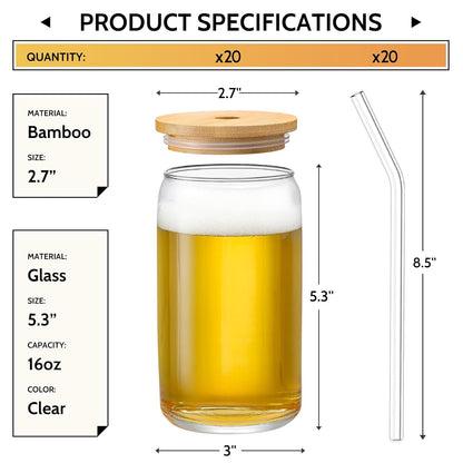 [ 12pcs Set ] Glass Cups with Bamboo Lids and Glass Straw - Beer Shaped Drinking Glasses, 16 oz Iced Coffee Glasses, Cute Tumbler Cup for Smoothie, Boba Tea, Whiskey, Water - 4 Cleaning Brushes