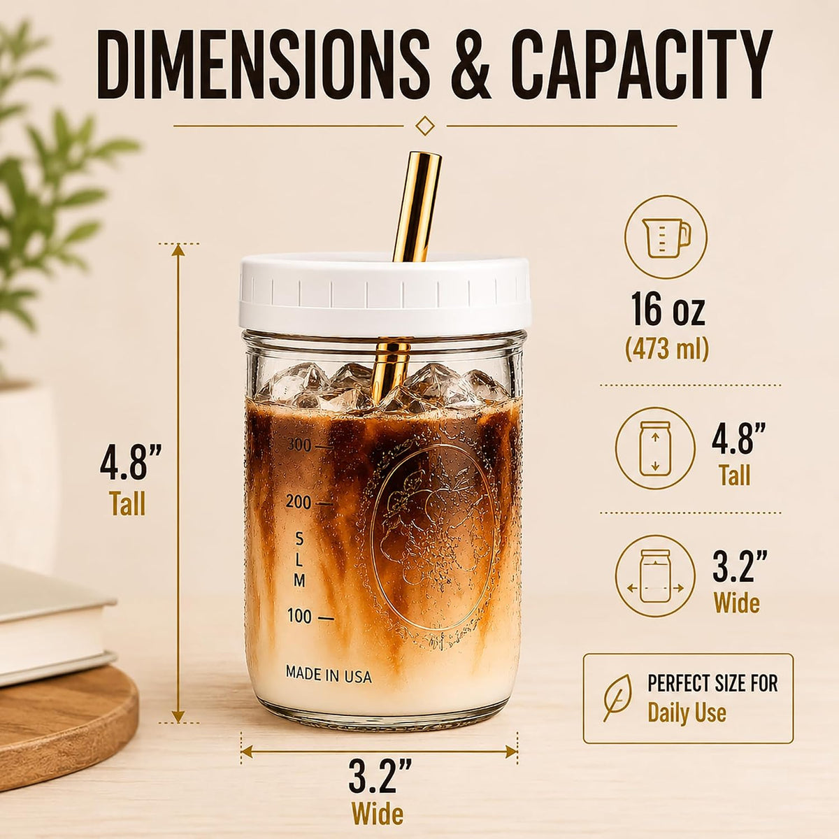 Boba Tea Cups 16 oz (2-Pack) with Wide Stainless Steel Straws – No Clogging, Mason Jar Glass Cups with Lids for Bubble Tea, Smoothies & Iced Coffee