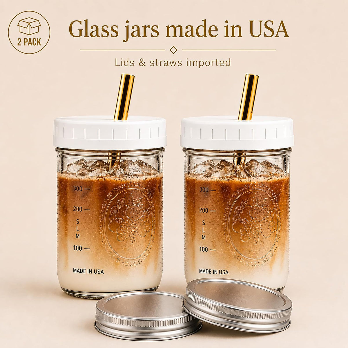 Boba Tea Cups 16 oz (2-Pack) with Wide Stainless Steel Straws – No Clogging, Mason Jar Glass Cups with Lids for Bubble Tea, Smoothies & Iced Coffee