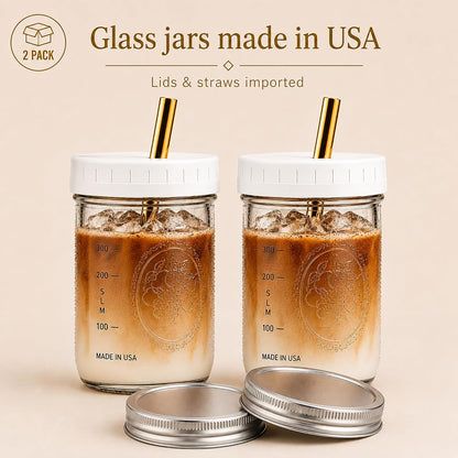 Boba Tea Cups 16 oz (2-Pack) with Wide Stainless Steel Straws – No Clogging, Mason Jar Glass Cups with Lids for Bubble Tea, Smoothies & Iced Coffee