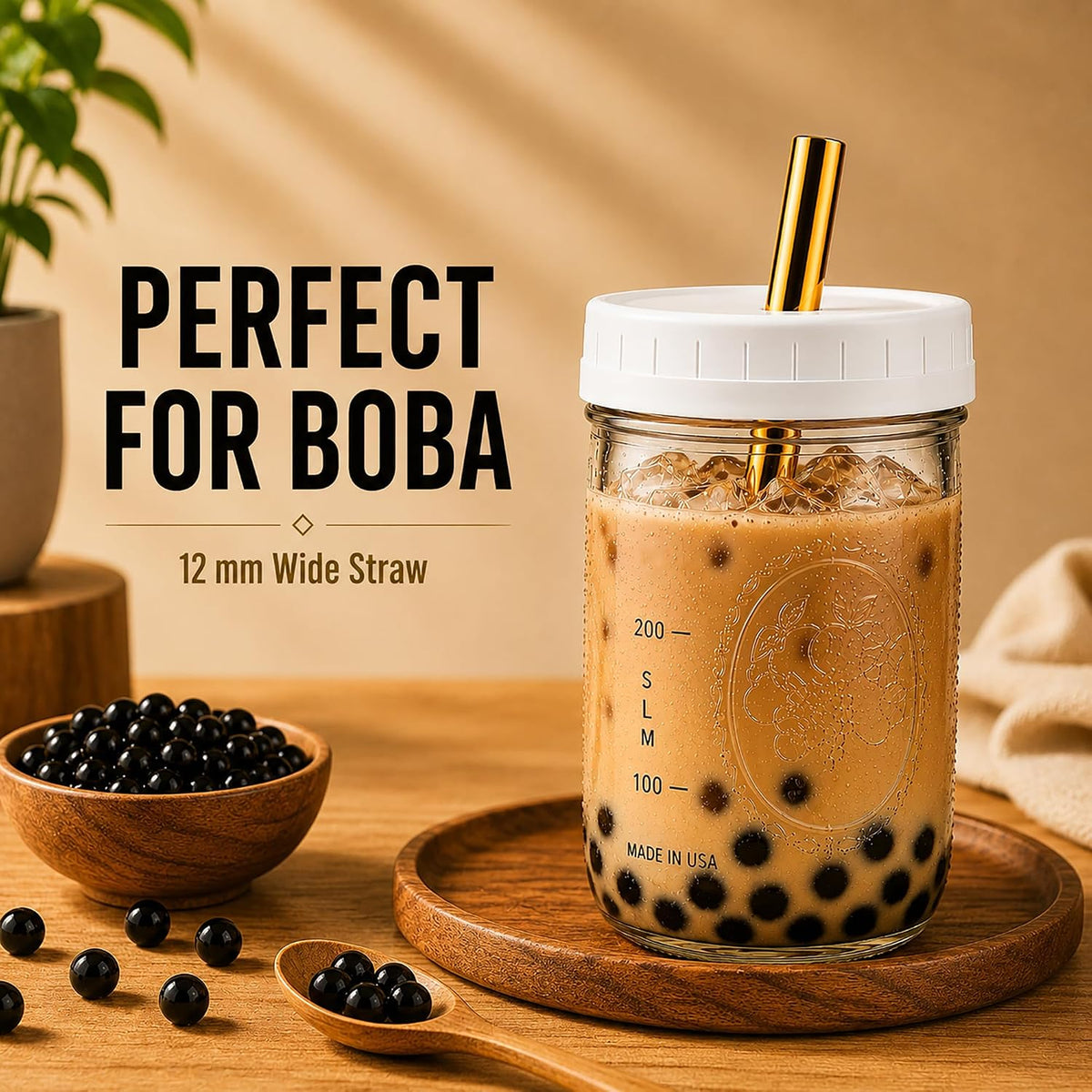 Boba Tea Cups 16 oz (2-Pack) with Wide Stainless Steel Straws – No Clogging, Mason Jar Glass Cups with Lids for Bubble Tea, Smoothies & Iced Coffee