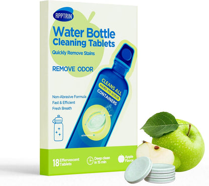 Water Bottle Cleaning Tablets, 18 Pack Bottle Clean Tablet Hydration Bladder Cleansing Tablets for Hydration Bladder, Water Bottle, Individually Packed, Apple Flavor