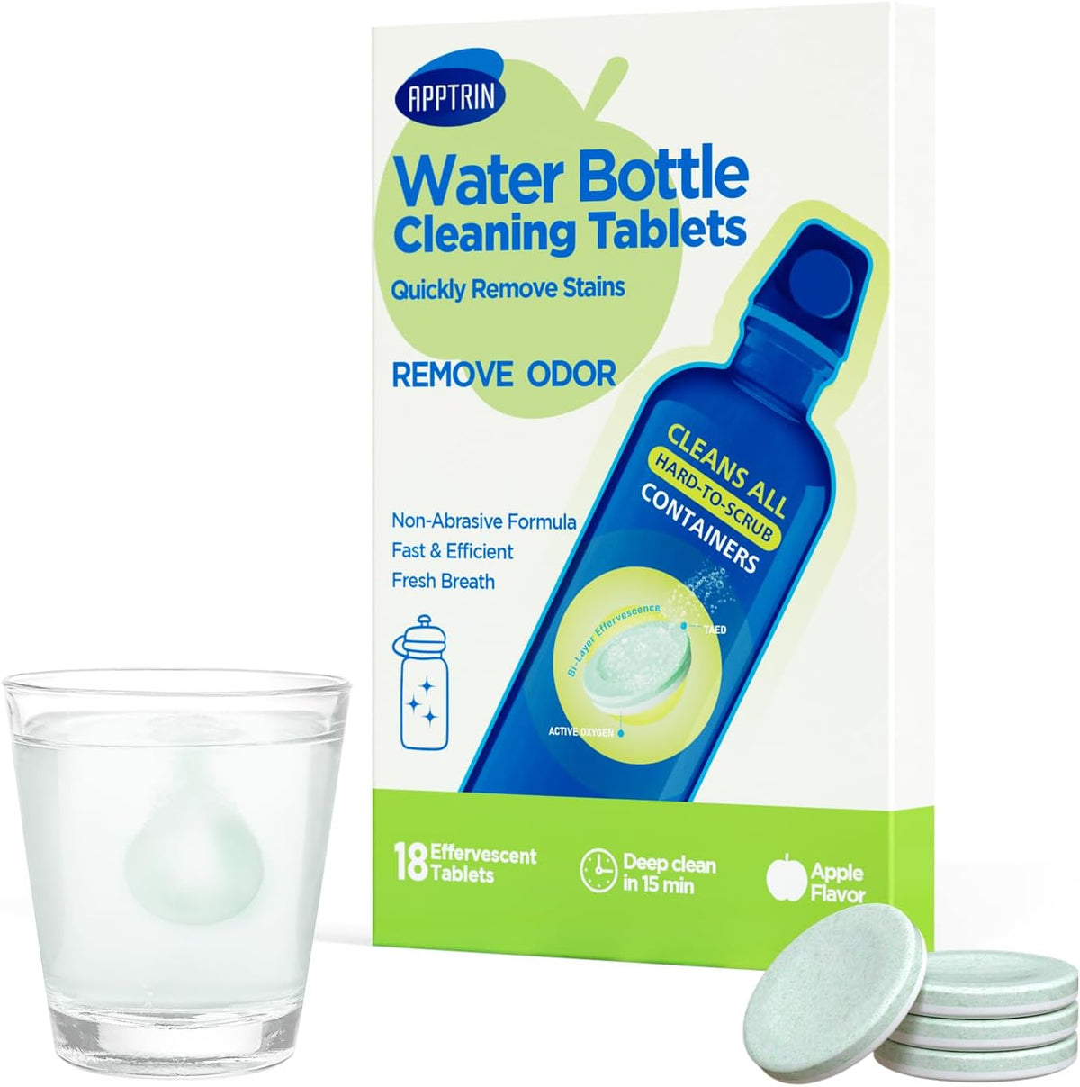 Water Bottle Cleaning Tablets, 18 Pack Bottle Clean Tablet Hydration Bladder Cleansing Tablets for Hydration Bladder, Water Bottle, Individually Packed, Apple Flavor