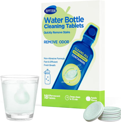 Water Bottle Cleaning Tablets, 18 Pack Bottle Clean Tablet Hydration Bladder Cleansing Tablets for Hydration Bladder, Water Bottle, Individually Packed, Apple Flavor
