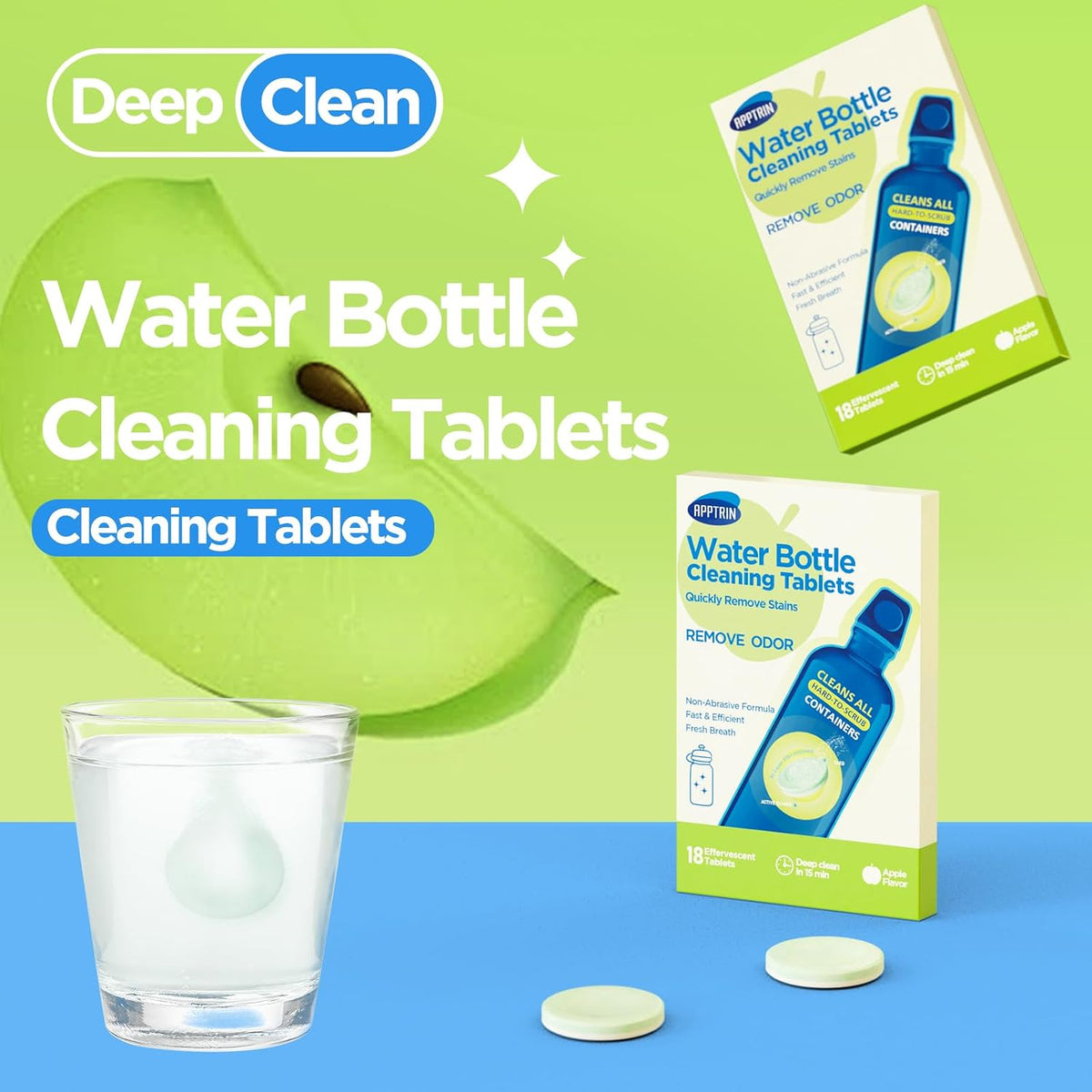 Water Bottle Cleaning Tablets, 18 Pack Bottle Clean Tablet Hydration Bladder Cleansing Tablets for Hydration Bladder, Water Bottle, Individually Packed, Apple Flavor
