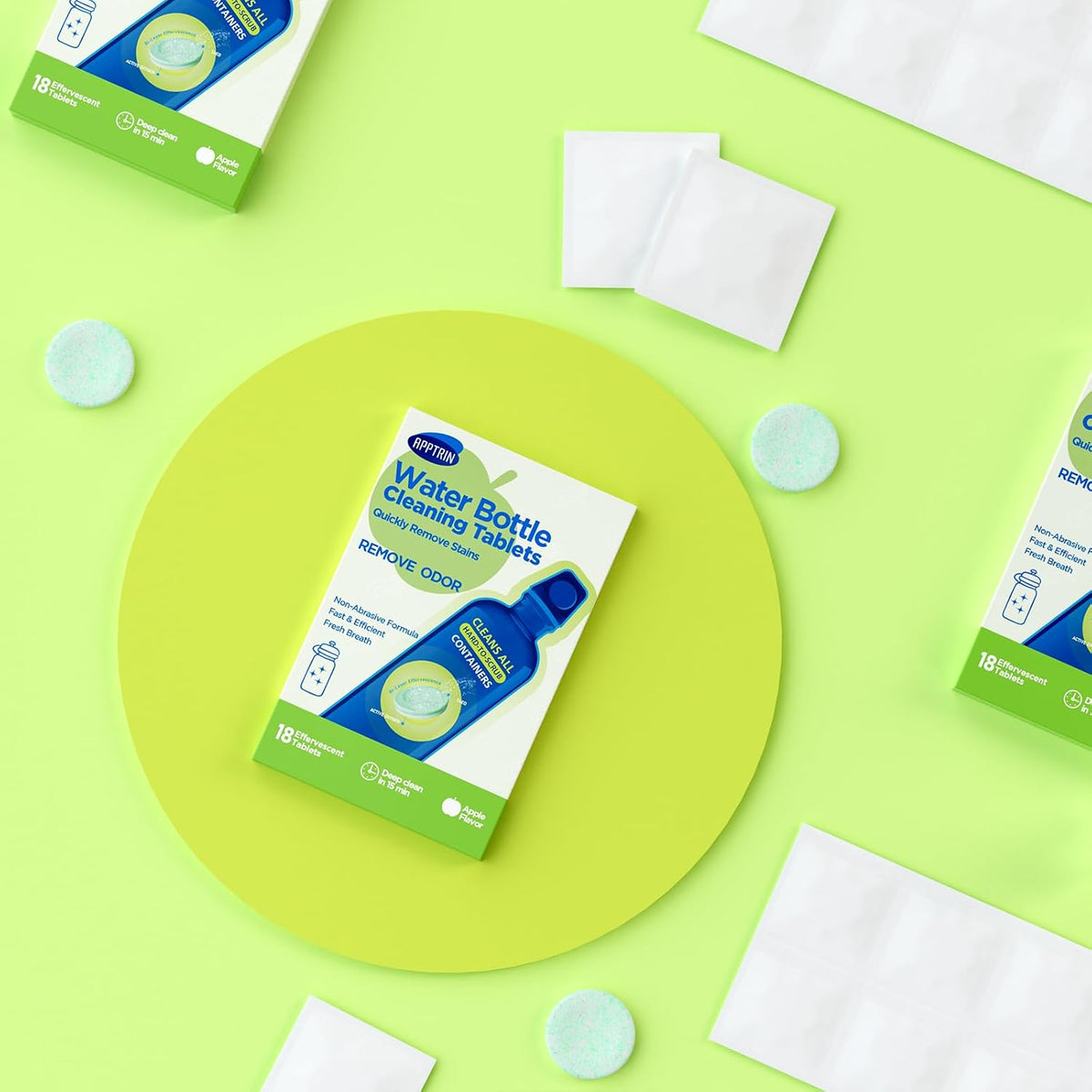 Water Bottle Cleaning Tablets, 18 Pack Bottle Clean Tablet Hydration Bladder Cleansing Tablets for Hydration Bladder, Water Bottle, Individually Packed, Apple Flavor