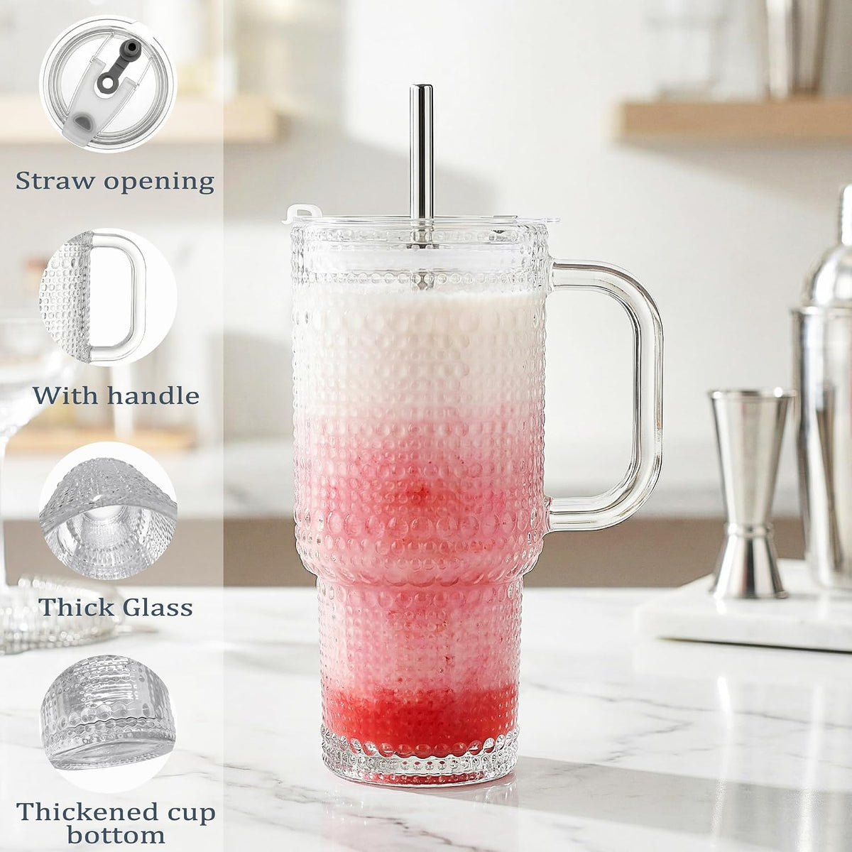 Thick Hobnail Glass Cup with Lids and Straws 18 oz, 2 Pack Upgraded Version Iced Coffee Tumbler Cups with Stainless Steel Straws and Leak-proof Sealing Lid