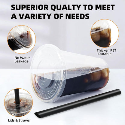 lucdnc 16oz Disposable Clear Plastic Cups with Lids & Straws