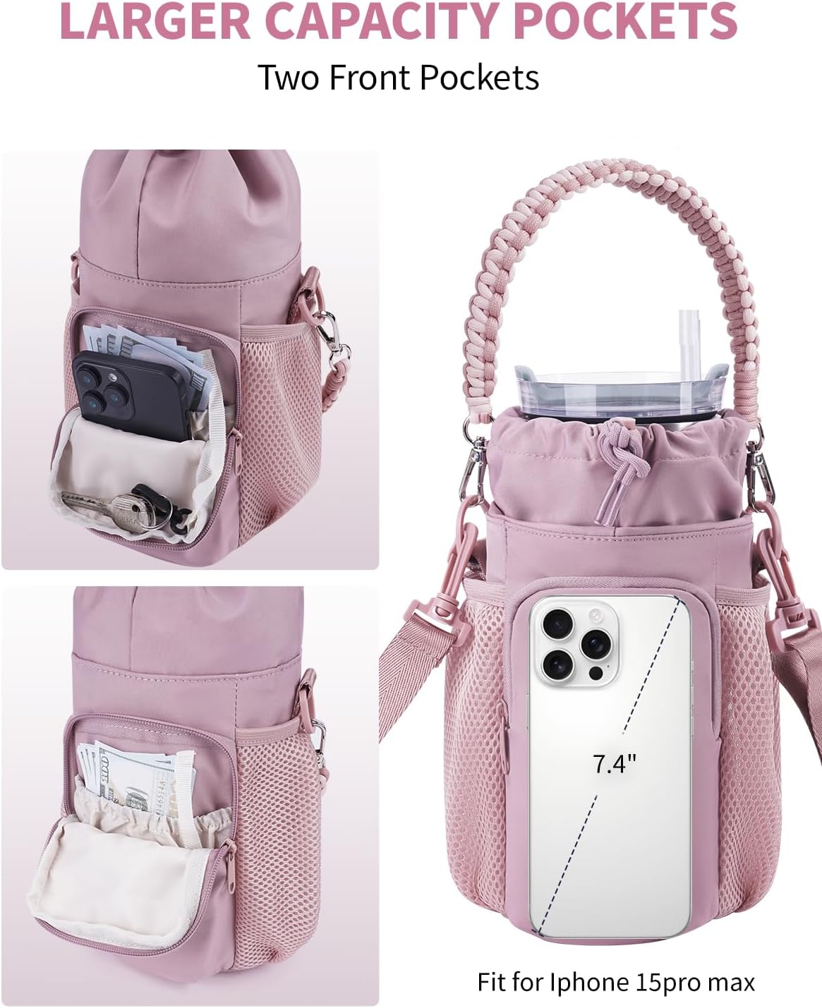Large Water Bottle Bag for 32/40/64oz Cup & Tumbler,Crossbody Insulated Cup Sleeve Bottle Holder Carrier with Strap
