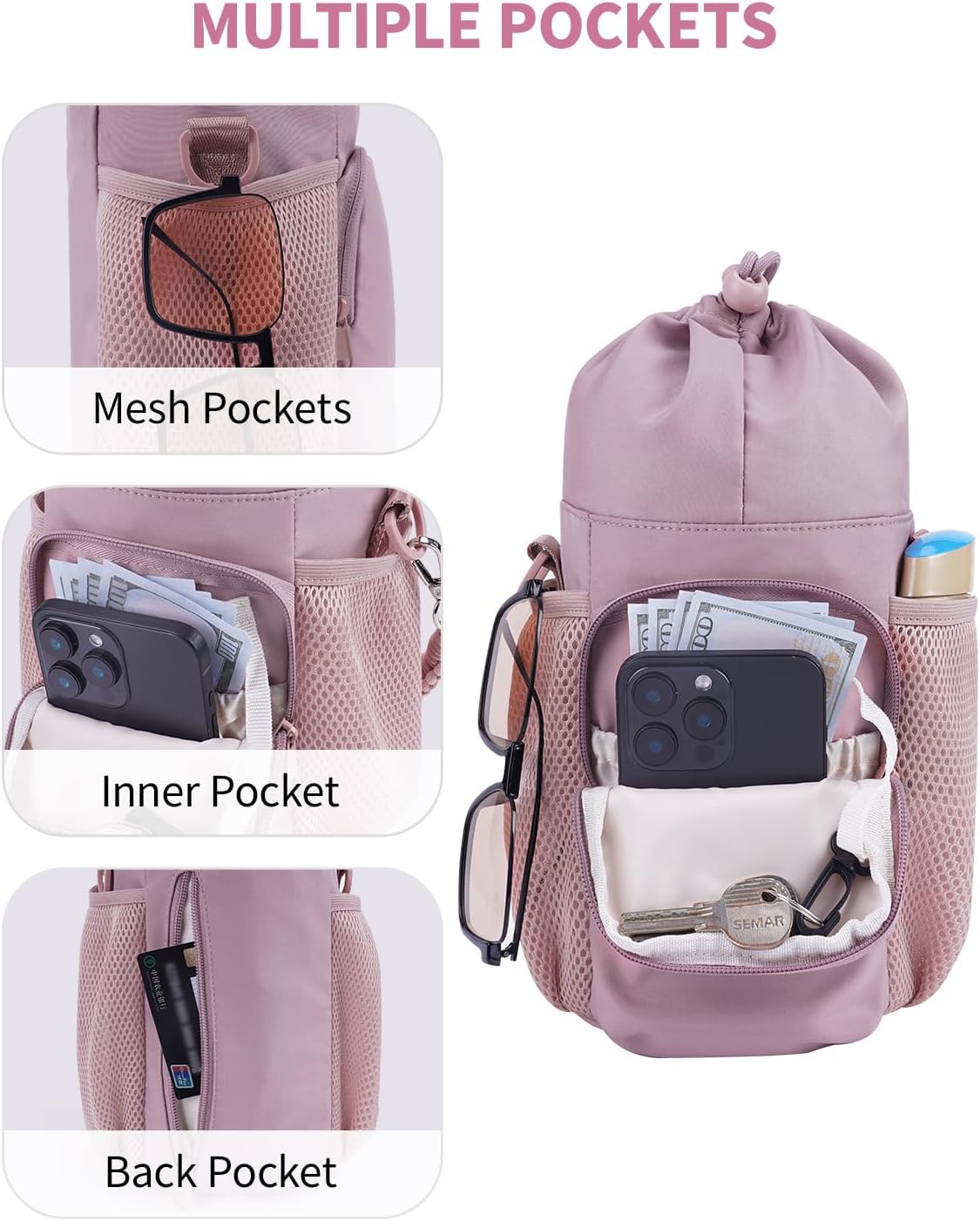Large Water Bottle Bag for 32/40/64oz Cup & Tumbler,Crossbody Insulated Cup Sleeve Bottle Holder Carrier with Strap