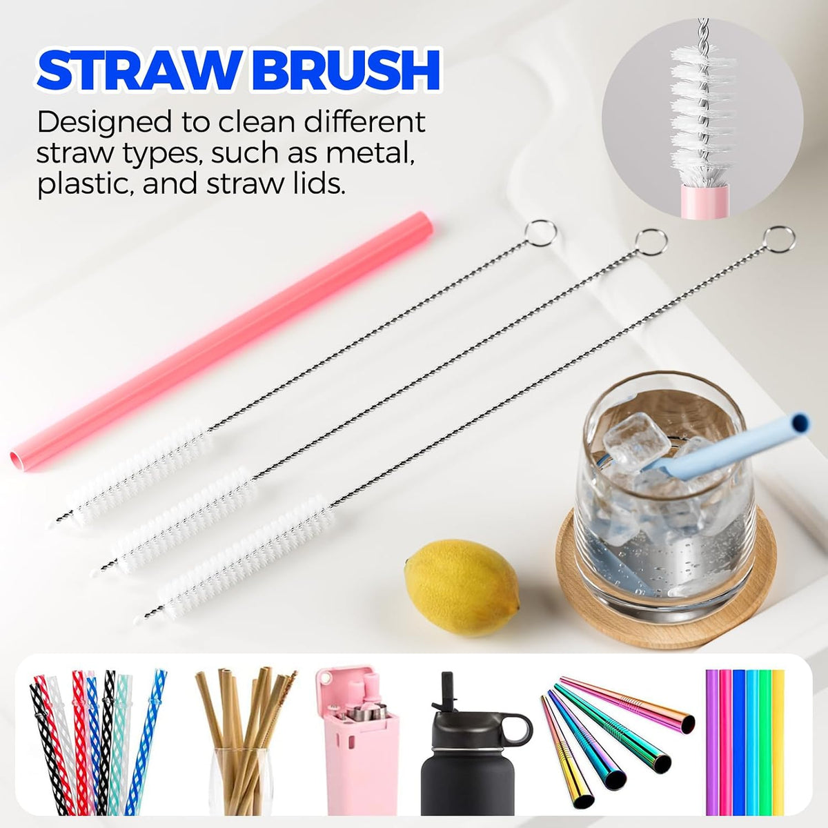 6 Pack 4 in 1 Cup Lid Cleaning Brush 3 Straws Bottle Brush,Black
