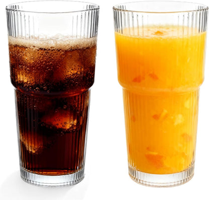 Ribbed Glass Cups 20oz - Drinking Glasses Set for Iced Cold Coffee,Juice, Wine, Dishwasher Safe, Large Glass Coffee Cup for Home/Office Use, 2pack