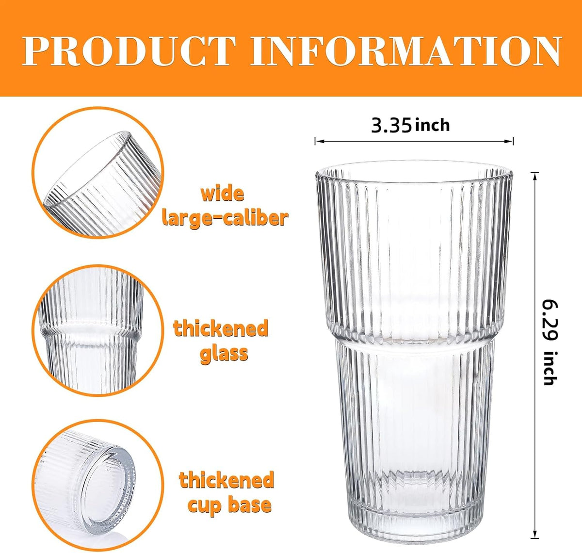 Ribbed Glass Cups 20oz - Drinking Glasses Set for Iced Cold Coffee,Juice, Wine, Dishwasher Safe, Large Glass Coffee Cup for Home/Office Use, 2pack