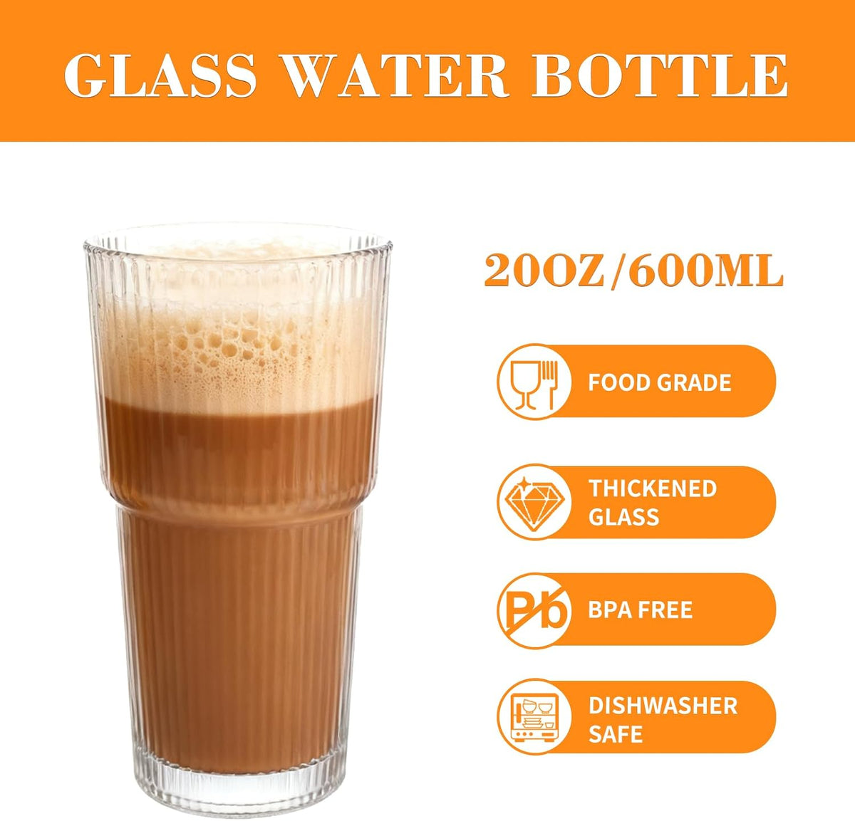 Ribbed Glass Cups 20oz - Drinking Glasses Set for Iced Cold Coffee,Juice, Wine, Dishwasher Safe, Large Glass Coffee Cup for Home/Office Use, 2pack