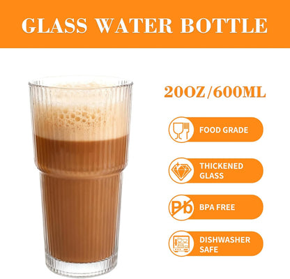 Ribbed Glass Cups 20oz - Drinking Glasses Set for Iced Cold Coffee,Juice, Wine, Dishwasher Safe, Large Glass Coffee Cup for Home/Office Use, 2pack