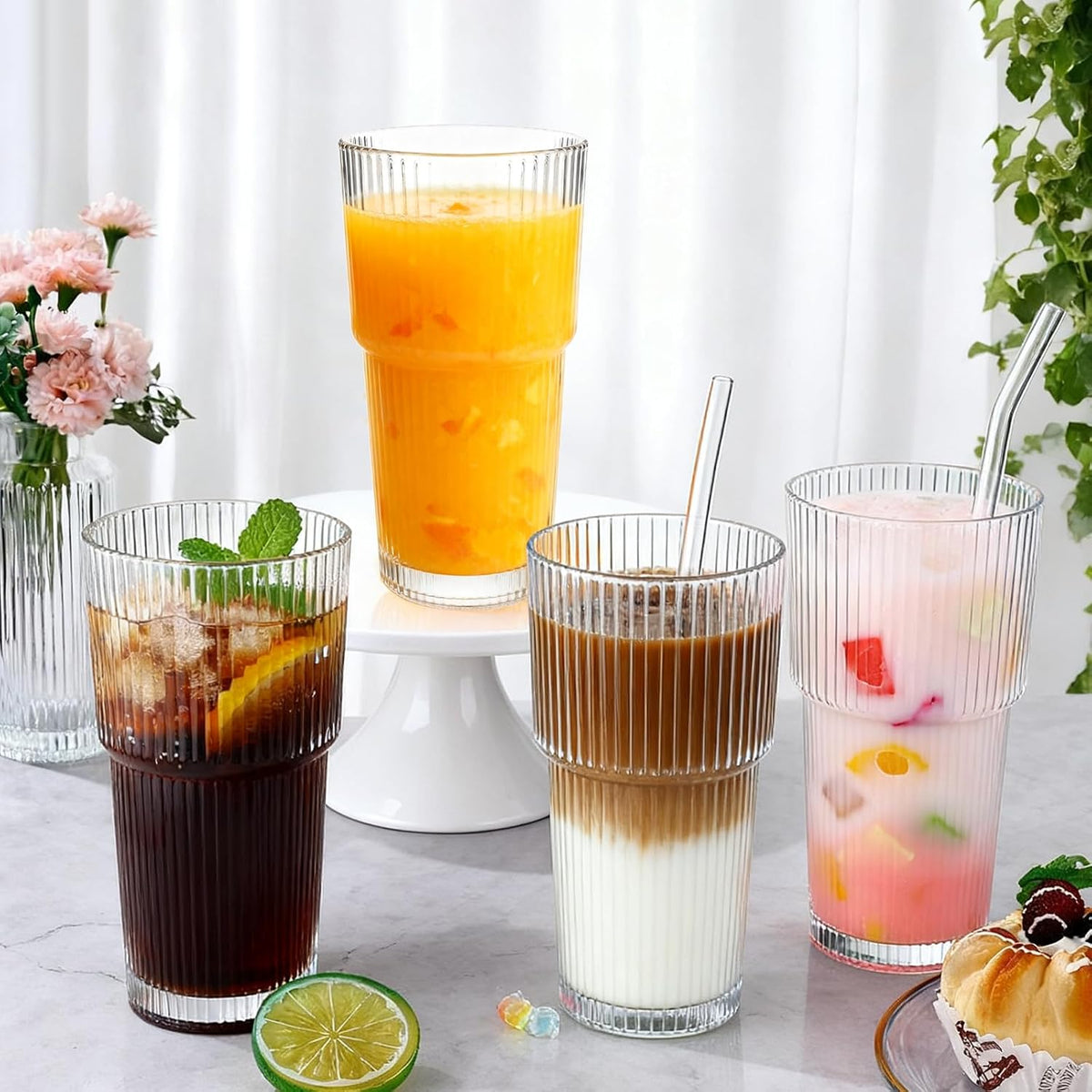 Ribbed Glass Cups 20oz - Drinking Glasses Set for Iced Cold Coffee,Juice, Wine, Dishwasher Safe, Large Glass Coffee Cup for Home/Office Use, 2pack