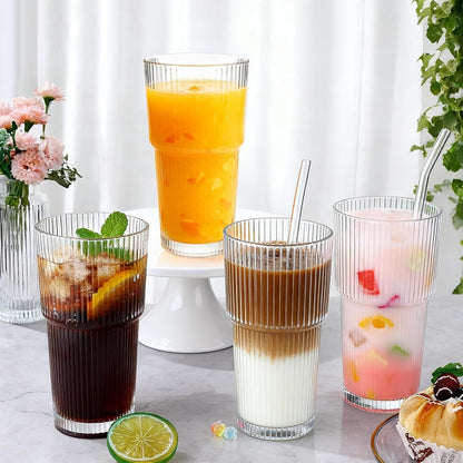 Ribbed Glass Cups 20oz - Drinking Glasses Set for Iced Cold Coffee,Juice, Wine, Dishwasher Safe, Large Glass Coffee Cup for Home/Office Use, 2pack