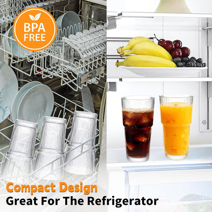 Ribbed Glass Cups 20oz - Drinking Glasses Set for Iced Cold Coffee,Juice, Wine, Dishwasher Safe, Large Glass Coffee Cup for Home/Office Use, 2pack