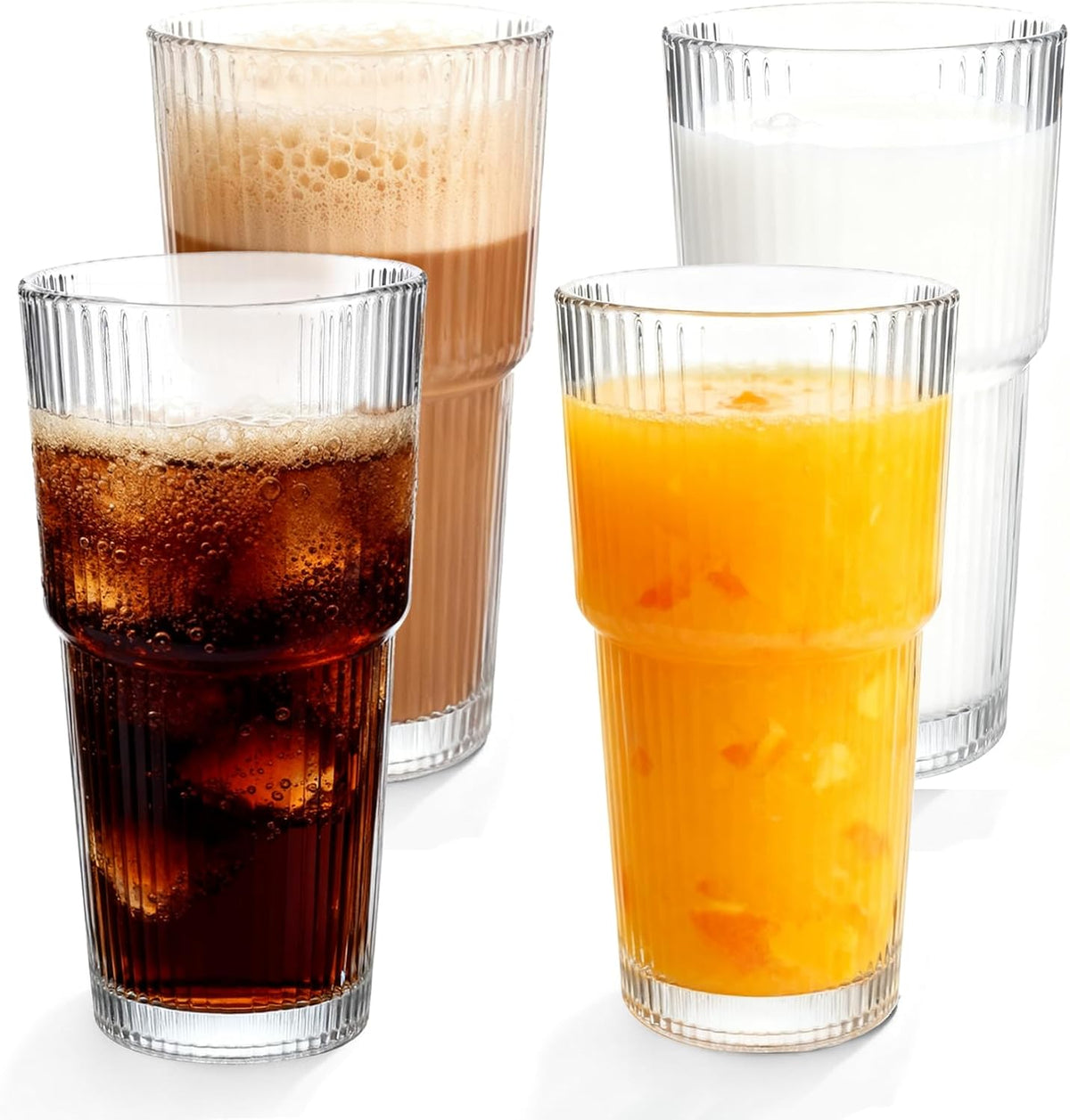 Ribbed Glass Cups 20oz - Drinking Glasses Set for Iced Cold Coffee,Juice, Wine, Dishwasher Safe, Large Glass Coffee Cup for Home/Office Use, 2pack
