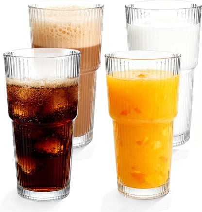Ribbed Glass Cups 20oz - Drinking Glasses Set for Iced Cold Coffee,Juice, Wine, Dishwasher Safe, Large Glass Coffee Cup for Home/Office Use, 2pack