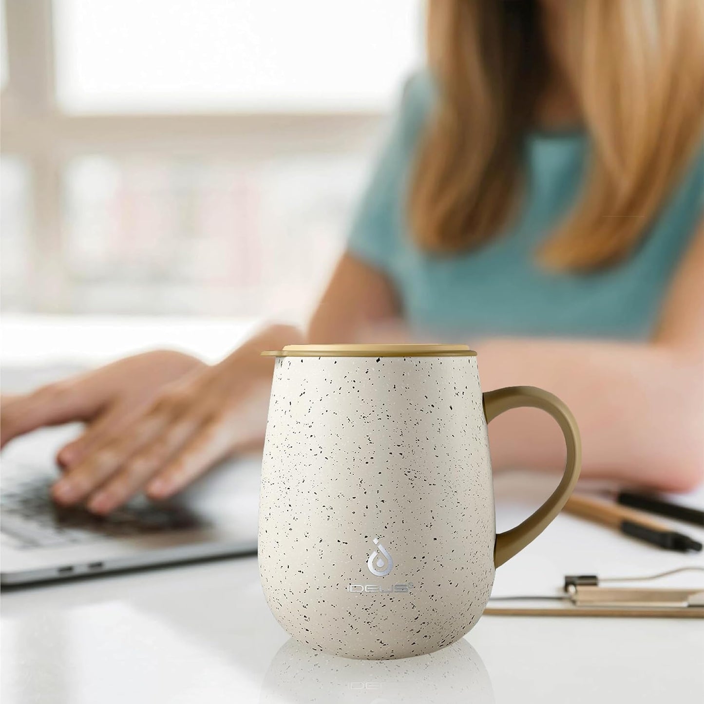 16 oz Insulated Coffee Mug with Handle and Lid, Double Wall Stainless Steel Vacuum Thermal Coffee Mug, Travel Coffee Cup Thermal Cup for Home and Office, Eggshell Blue