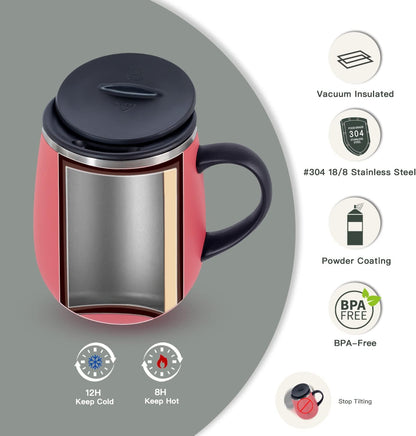 16 oz Insulated Coffee Mug with Handle and Lid, Double Wall Stainless Steel Vacuum Thermal Coffee Mug, Travel Coffee Cup Thermal Cup for Home and Office, Eggshell Blue
