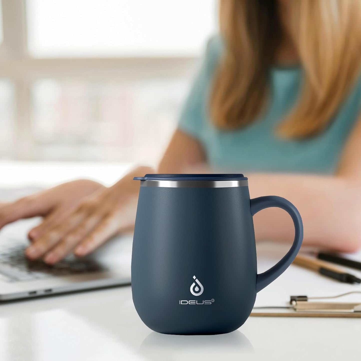 16 oz Insulated Coffee Mug with Handle and Lid, Double Wall Stainless Steel Vacuum Thermal Coffee Mug, Travel Coffee Cup Thermal Cup for Home and Office, Eggshell Blue