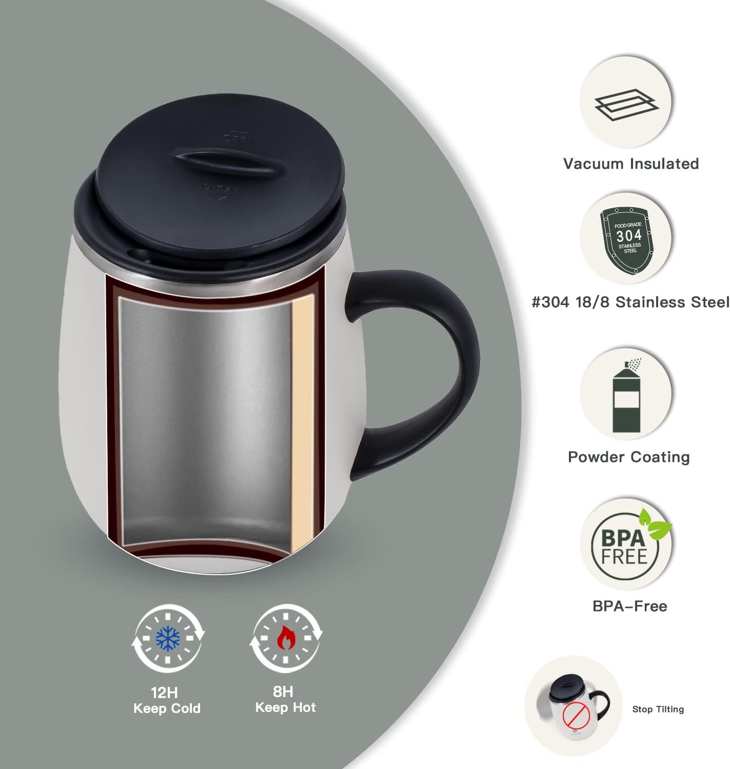 16 oz Insulated Coffee Mug with Handle and Lid, Double Wall Stainless Steel Vacuum Thermal Coffee Mug, Travel Coffee Cup Thermal Cup for Home and Office, Eggshell Blue