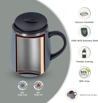 16 oz Insulated Coffee Mug with Handle and Lid, Double Wall Stainless Steel Vacuum Thermal Coffee Mug, Travel Coffee Cup Thermal Cup for Home and Office, Eggshell Blue