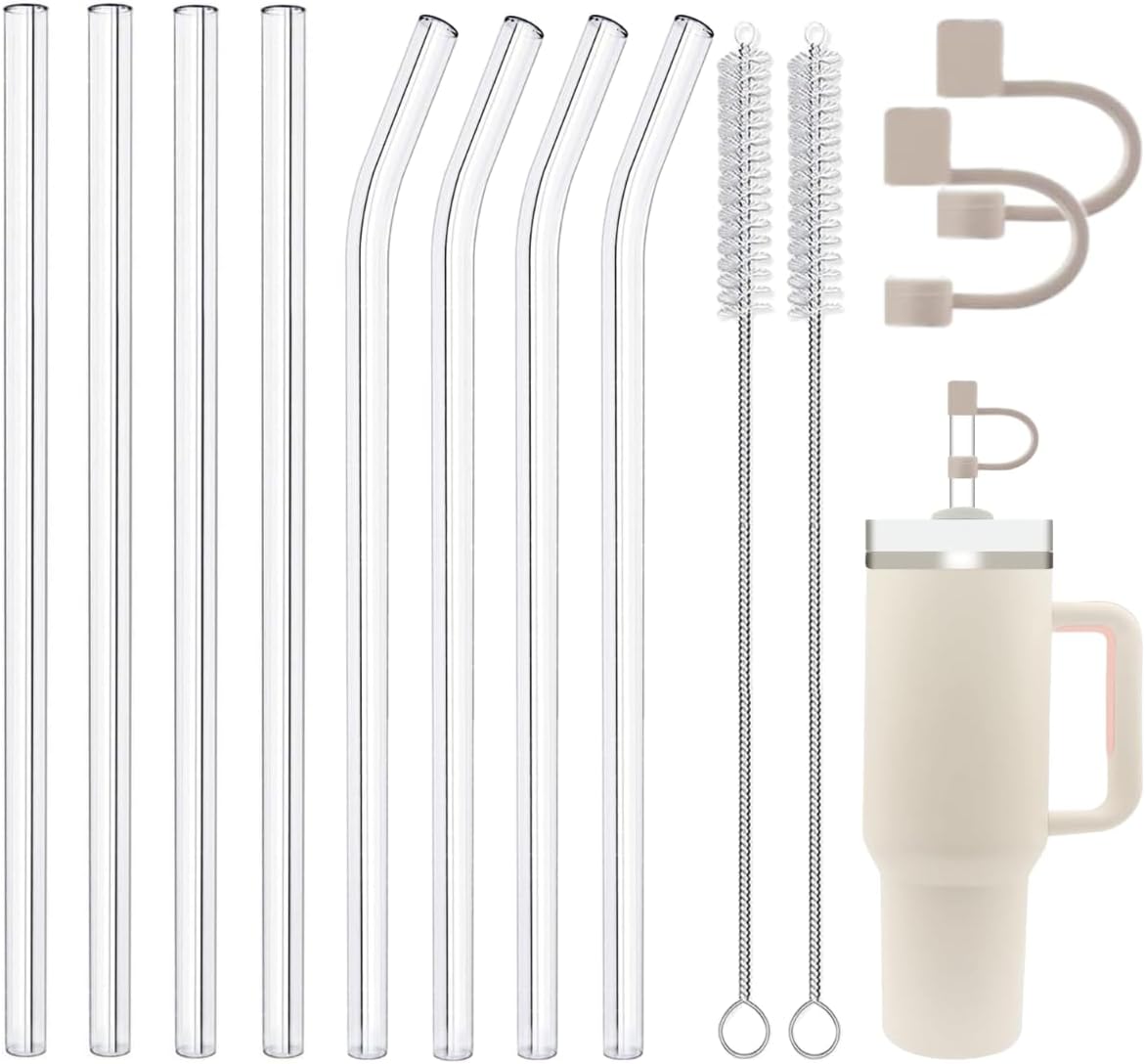 Replacement Glass Straw Compatible with Stanley 40 oz 30 oz Cup Tumbler, Reusable Straw with Covers and Cleaning Brush, 12 PCS
