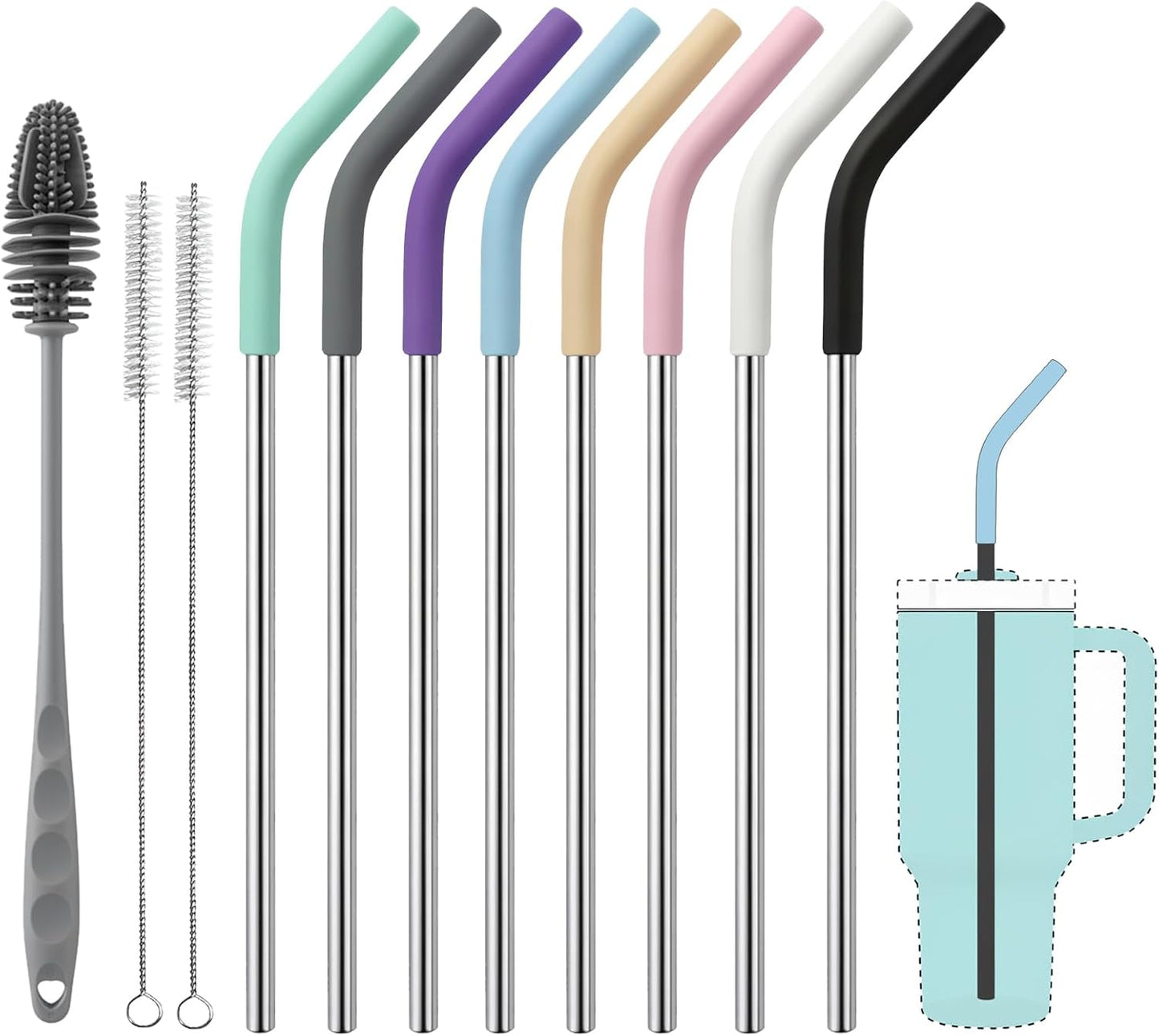 Replacement Straws for 40oz Stanley Tumblers,4 Pack Metal Straws Reusable Compatible with 40oz Cup,12" Extra Long Stainless Steel Straw with Silicone Tips,Cleaner Brush and Tumbler Brush