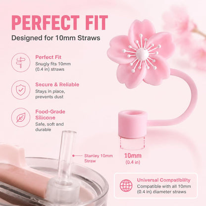BTYHAOS Silicone Straw Caps for 10mm Tumblers | Reusable Dust-Proof Straw Toppers Compatible with Stanley 30oz & 40oz Tumblers (Purple Flower 3pc)
