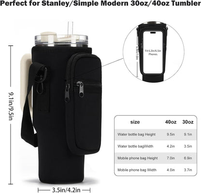 GOEWY Water Bottle Carrier Bag for Stanley 40/30 oz Tumbler with Phone Pocket Neoprene Water Bottle Holder with Shoulder & Handheld Strap Stanley Cup Accessories