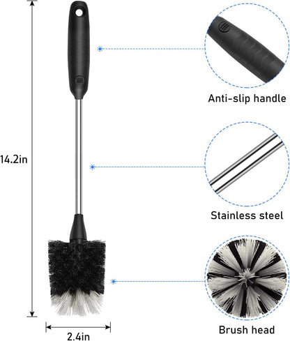 SetSail Bottle Brush of 3 Pack, 14-in Long Stainless Steel Handle Water Bottle Cleaner Brush Non-Slip Grip Bottle Brushes for Cleaning Water Bottles Sport Bottles Coffee Mugs Glasswares Cups, Black
