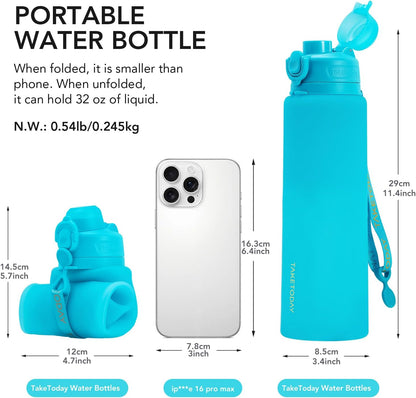 TakeToday Collapsible Water Bottles 32oz, Foldable Travel Water Bottle, BPA Free, Silicone Water Bottle Leakproof for Hiking, International Travel, Outdoors