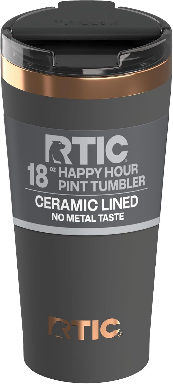 RTIC 18oz Happy Hour Pint Tumbler with Lid, Insulated, Ceramic Lined, Stainless Steel Metal, Portable Travel Cup for Hot and Cold Drink, Black Cherry