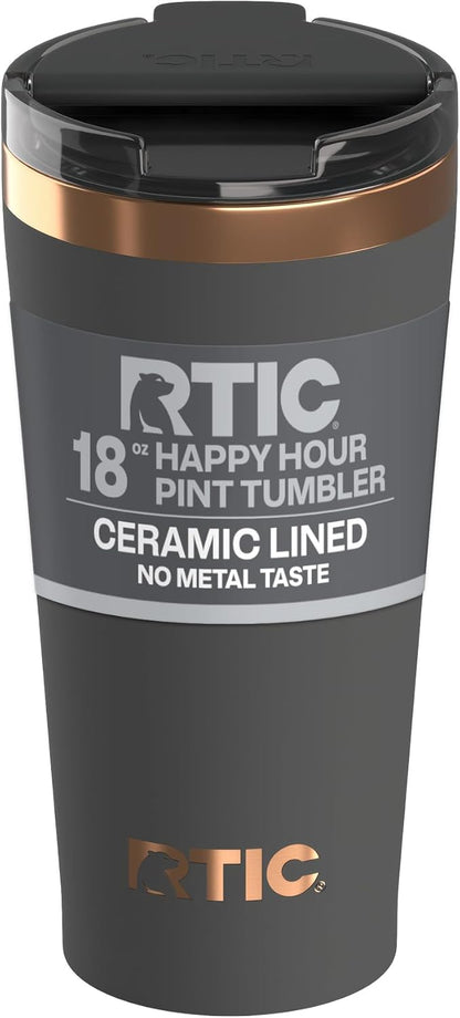 RTIC 18oz Happy Hour Pint Tumbler with Lid, Insulated, Ceramic Lined, Stainless Steel Metal, Portable Travel Cup for Hot and Cold Drink, Black Cherry