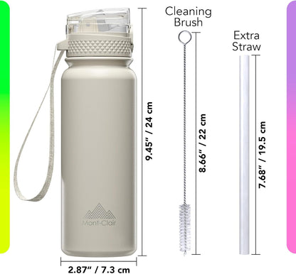 Mont-Clair Sport Water Bottle - 20oz Insulated Water Bottle with Straw - Patented Lid, BPA FREE, For Sports, Gym, Cycling, Bike - Quick Hydration - Black